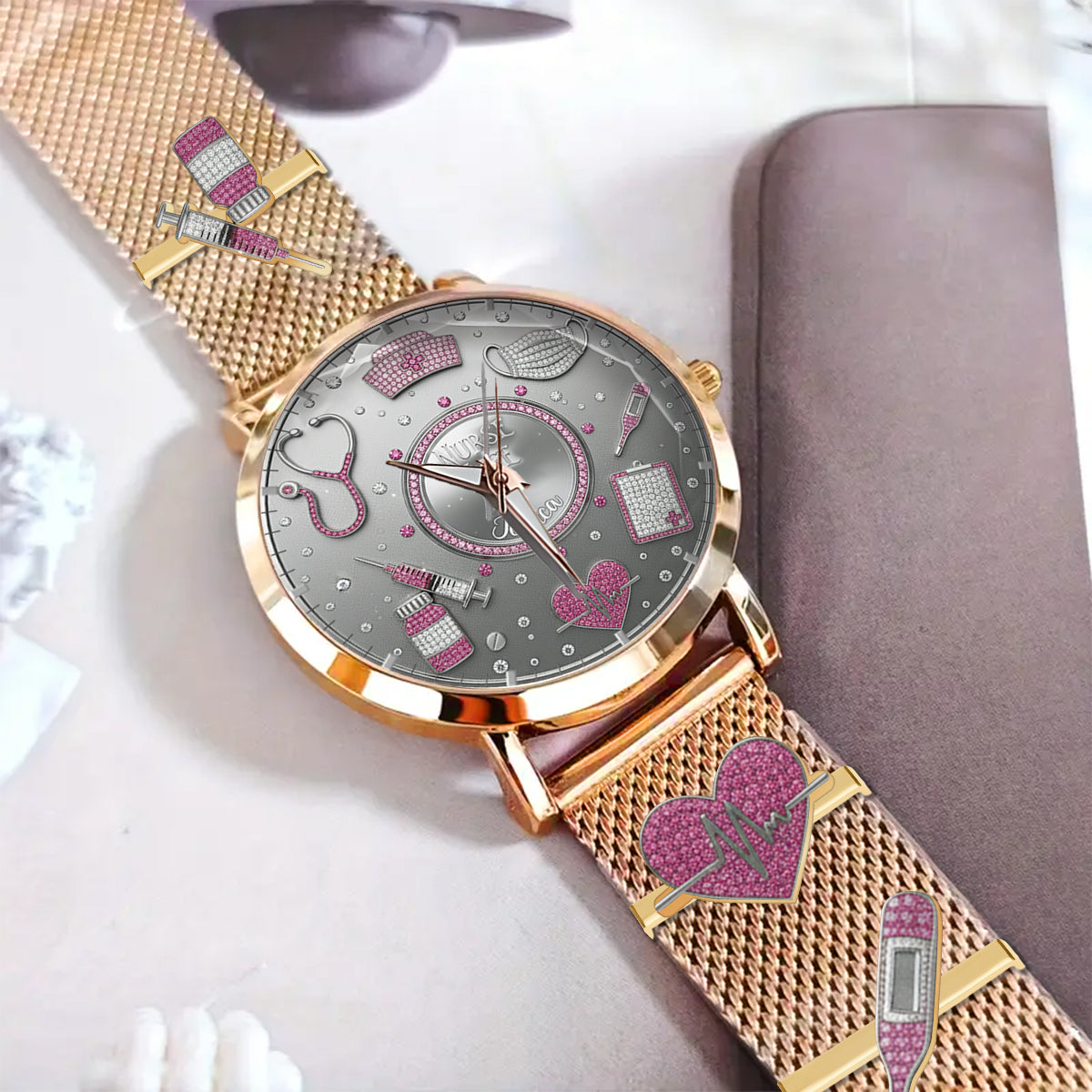 Montre-bracelet personnalisée pour infirmière « Love Nurse Life » avec breloques pour bracelet