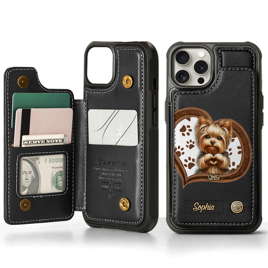 Étui portefeuille/téléphone personnalisé pour chien avec motif de cœur formé par un chiot ou un chaton