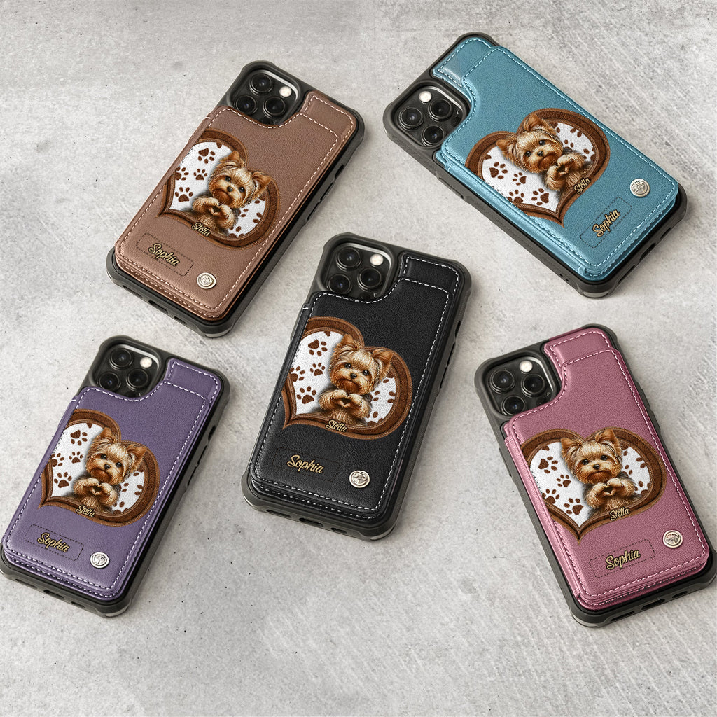Étui portefeuille/téléphone personnalisé pour chien avec motif de cœur formé par un chiot ou un chaton