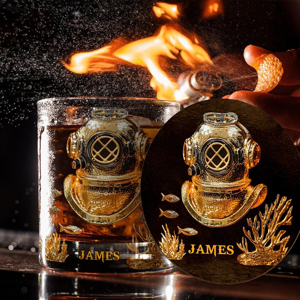 Cadeau pour les passionnés de plongée sous-marine : verre à whisky personnalisé sur le thème de la plongée.