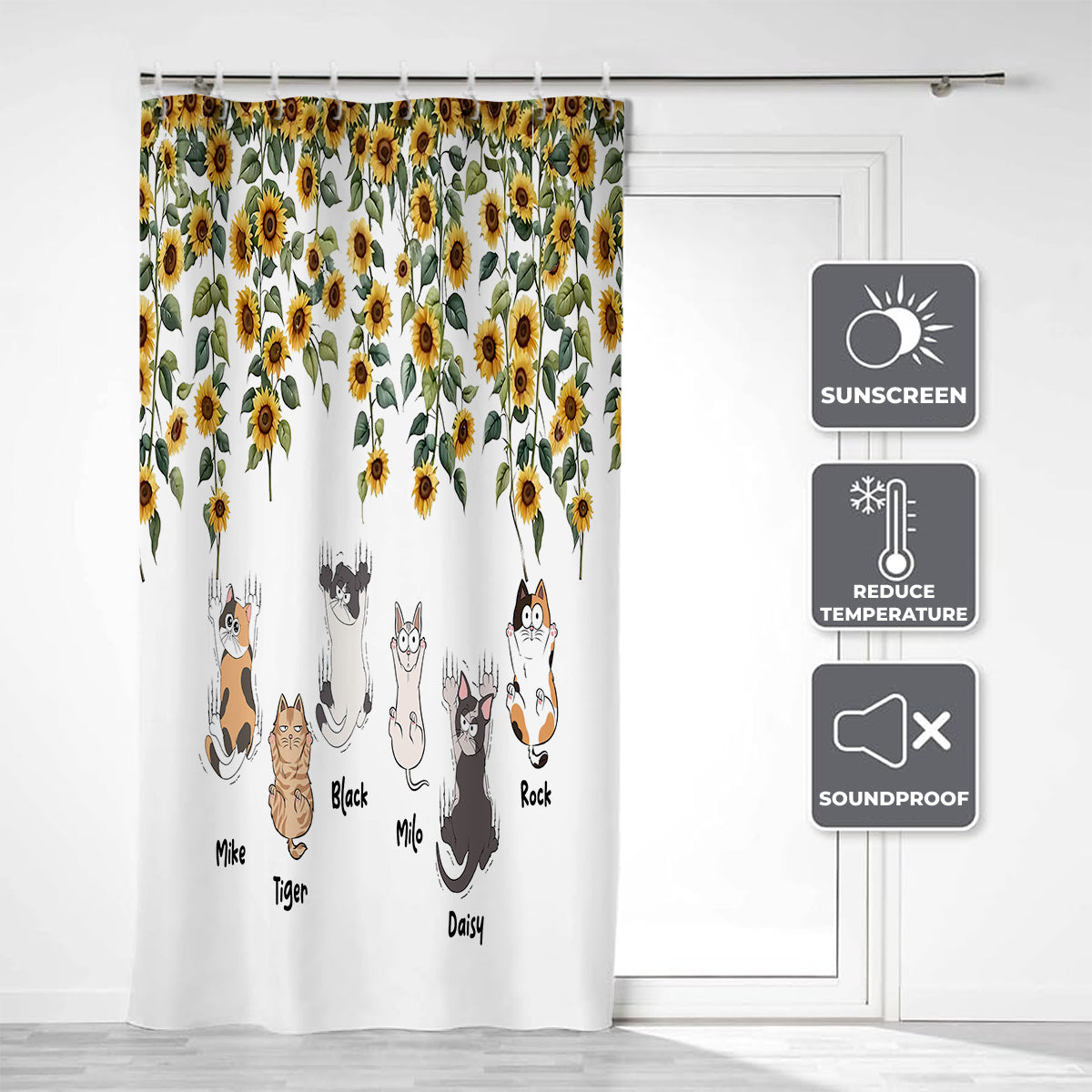 Cute Cats And Sunflowers - Personalized Cat Blackout Window Curtain/ Drapes Set