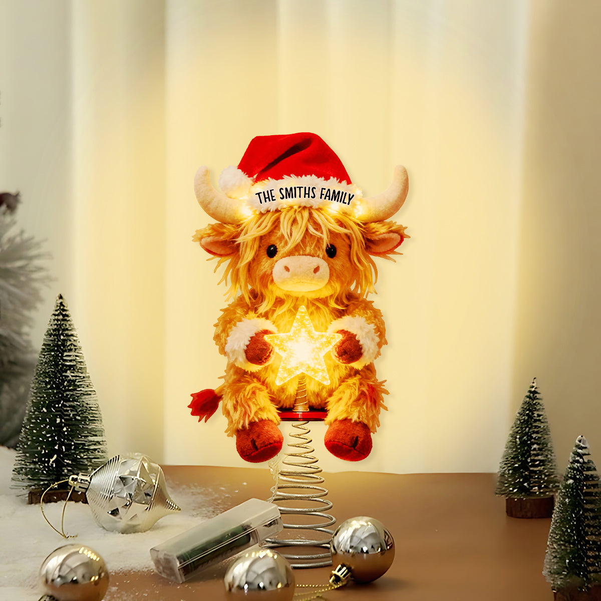 Joyeux Noël - Décoration de sapin lumineuse personnalisée en forme de vache des Highlands (LED)