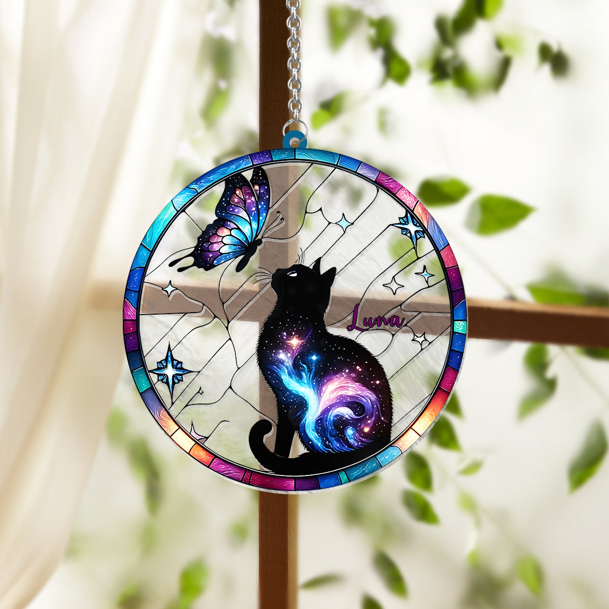 Cat And Butterfly - Personalized Cat Window Hanging Suncatcher Ornament
