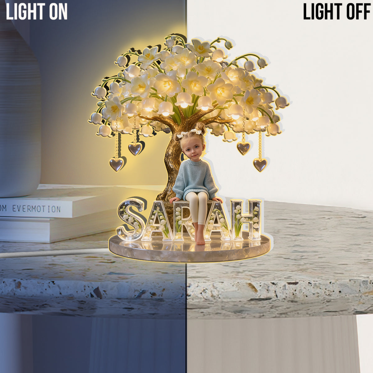 Veilleuse LED acrylique personnalisée pour enfant, avec photo et fleur du mois de naissance - Personnalisation possible.