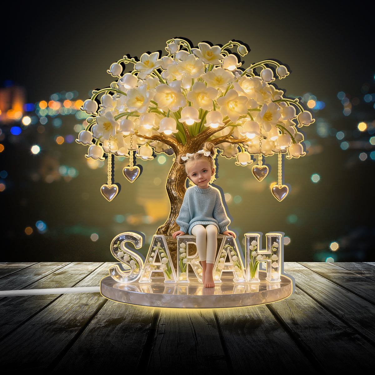 Veilleuse LED acrylique personnalisée pour enfant, avec photo et fleur du mois de naissance - Personnalisation possible.