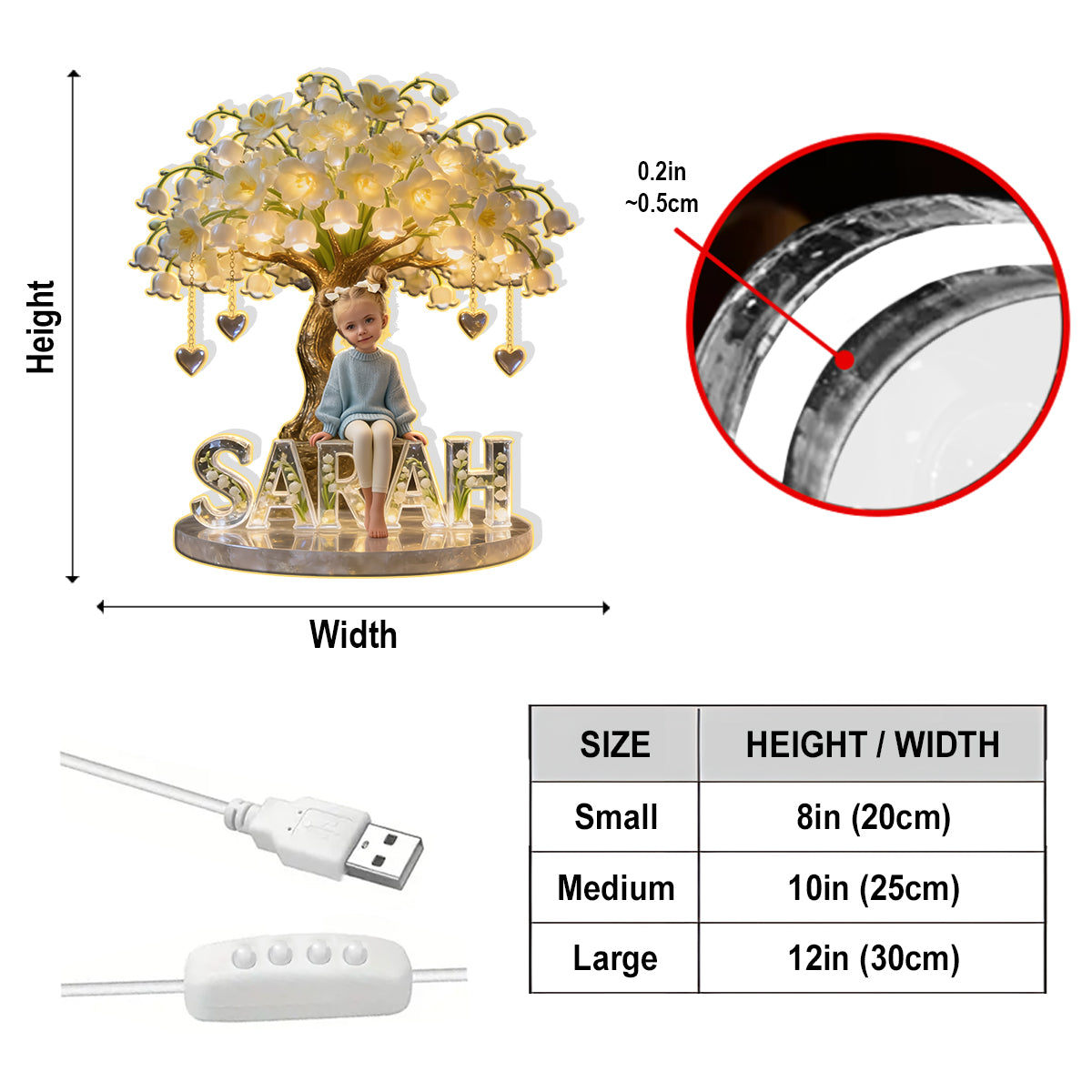 Veilleuse LED acrylique personnalisée pour enfant, avec photo et fleur du mois de naissance - Personnalisation possible.