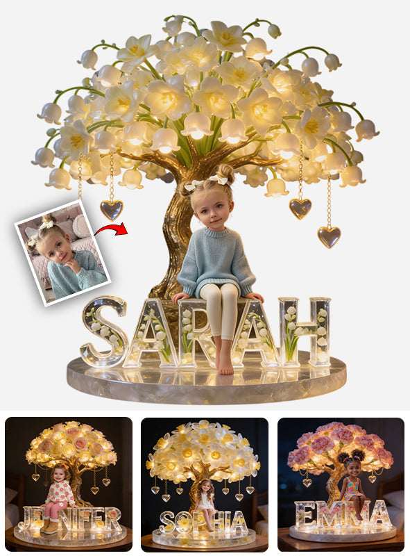 Veilleuse LED acrylique personnalisée pour enfant, avec photo et fleur du mois de naissance - Personnalisation possible.