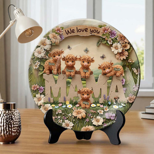 Maman vache des Highlands mignonne - Assiette ronde en céramique personnalisée « Maman »