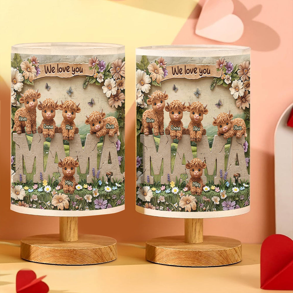 Lampe de table personnalisée « Maman vache des Highlands » avec socle en bois