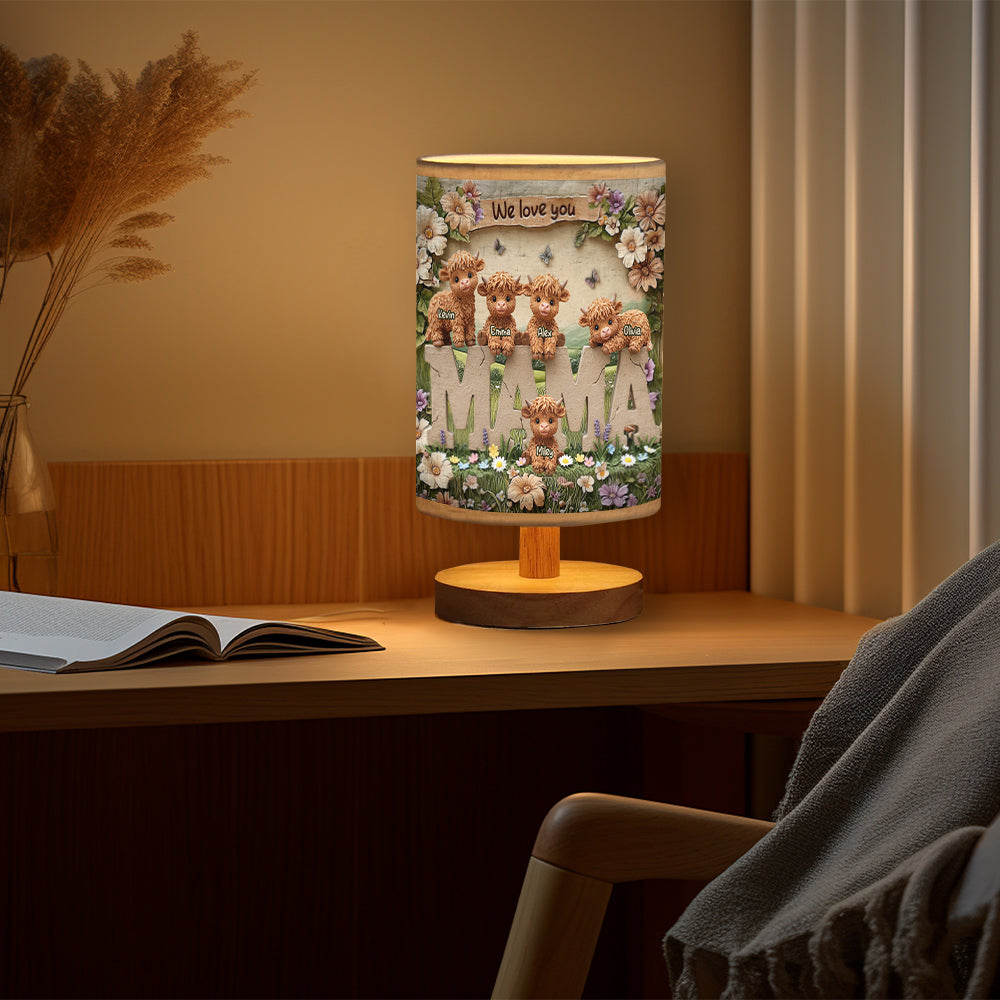 Lampe de table personnalisée « Maman vache des Highlands » avec socle en bois