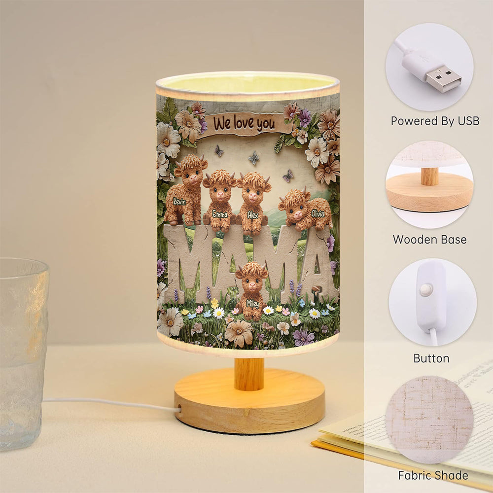 Lampe de table personnalisée « Maman vache des Highlands » avec socle en bois