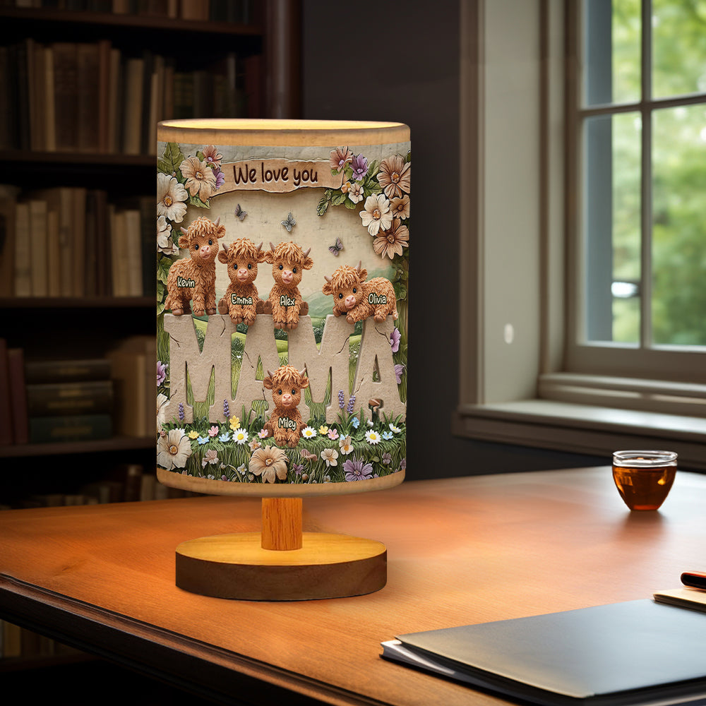 Lampe de table personnalisée « Maman vache des Highlands » avec socle en bois