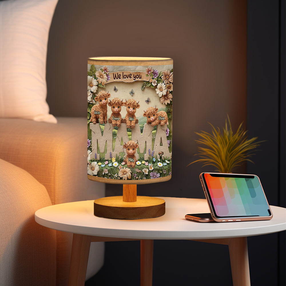 Lampe de table personnalisée « Maman vache des Highlands » avec socle en bois
