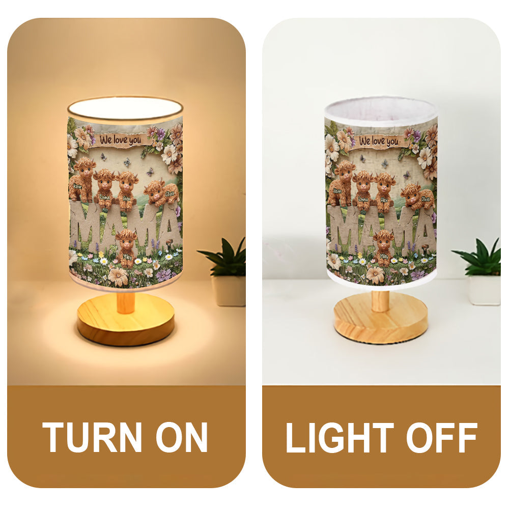 Lampe de table personnalisée « Maman vache des Highlands » avec socle en bois