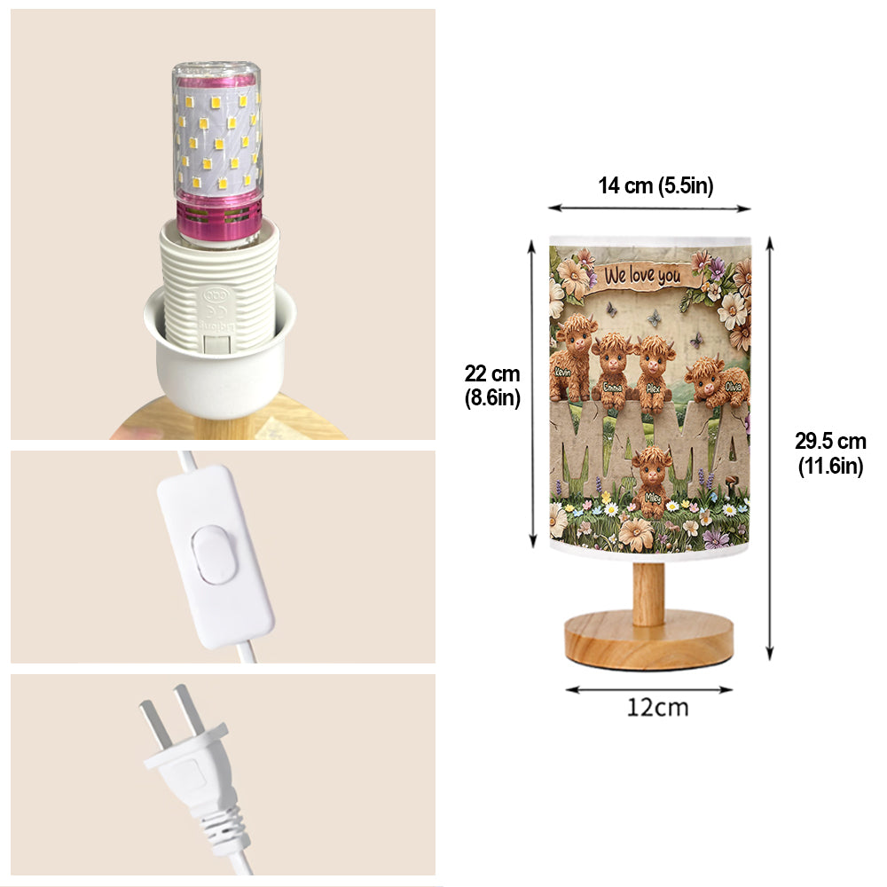 Lampe de table personnalisée « Maman vache des Highlands » avec socle en bois