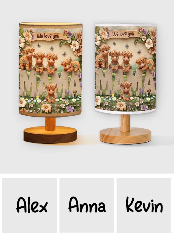 Lampe de table personnalisée « Maman vache des Highlands » avec socle en bois