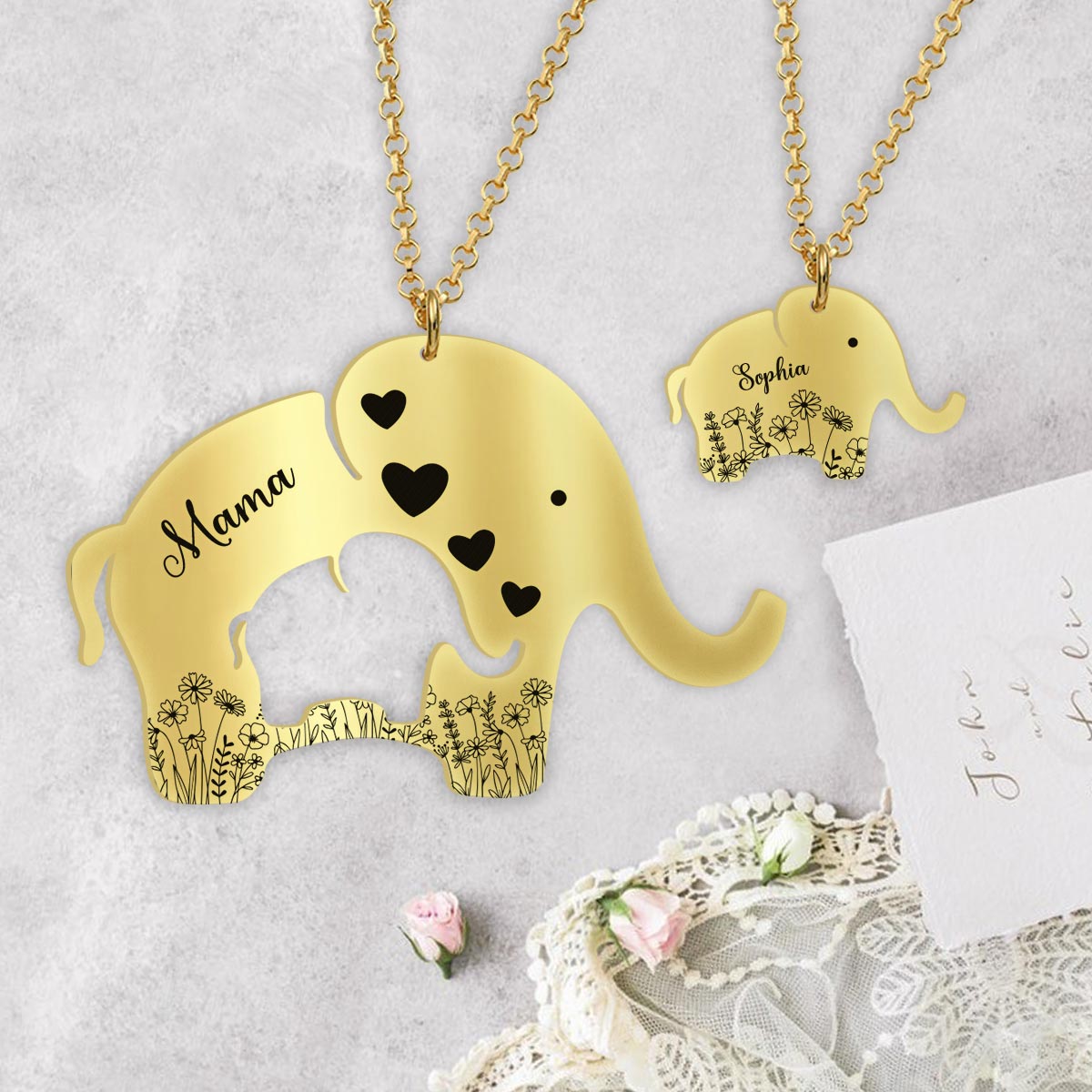 Collier mignon éléphanteau et maman et petit - Pendentif assorti personnalisé pour maman