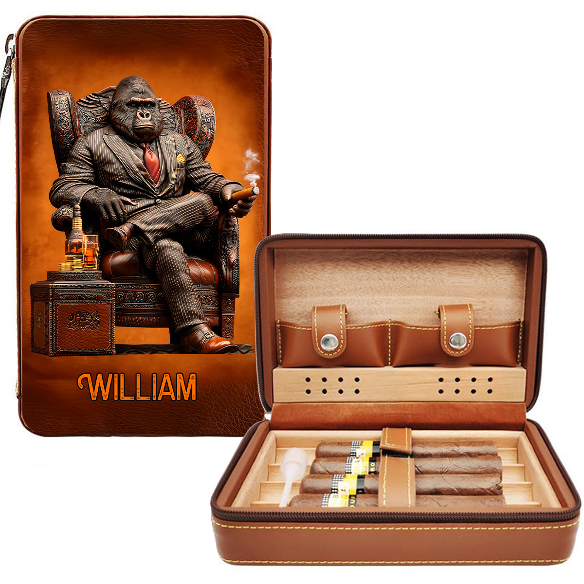 Whiskey & Cigar Gorilla - Étui à cigares de voyage personnalisé pour whisky et cigares