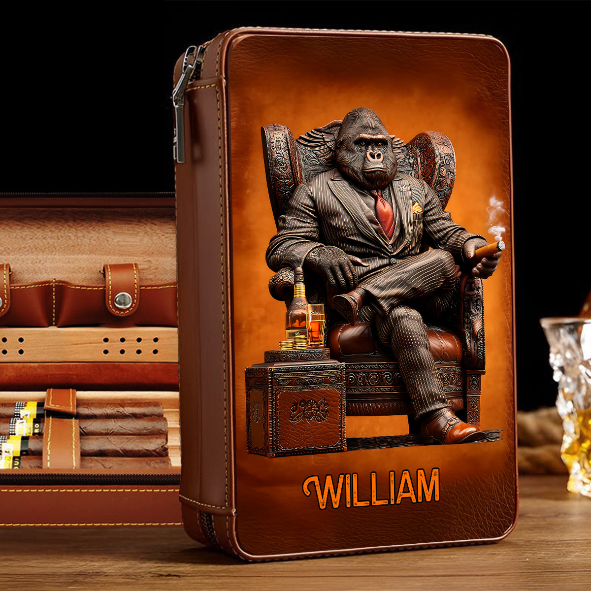 Whiskey & Cigar Gorilla - Étui à cigares de voyage personnalisé pour whisky et cigares