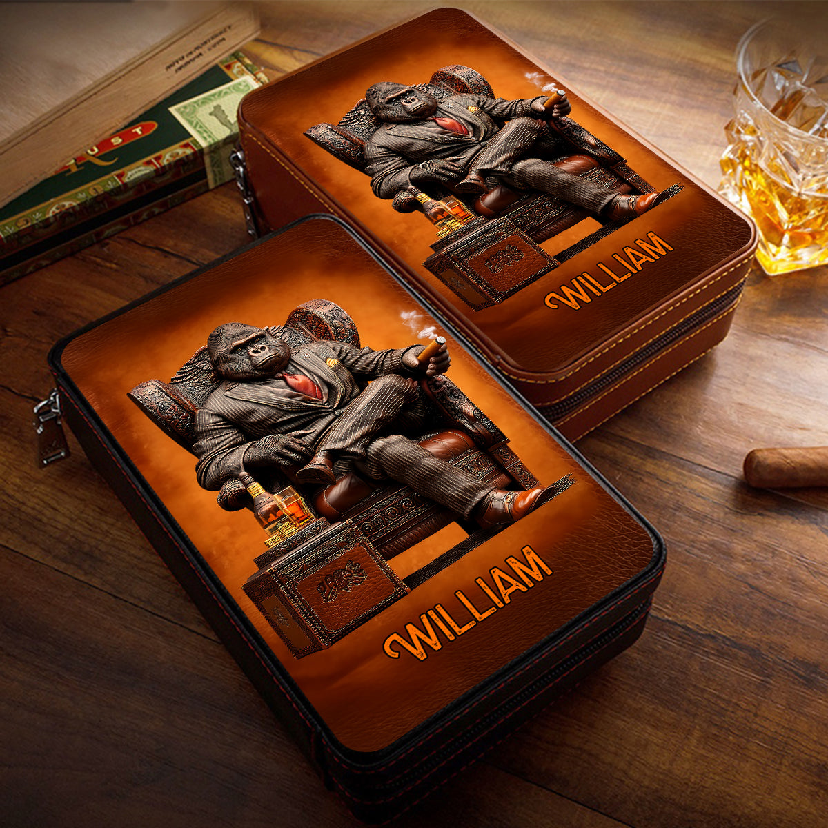 Whiskey & Cigar Gorilla - Étui à cigares de voyage personnalisé pour whisky et cigares