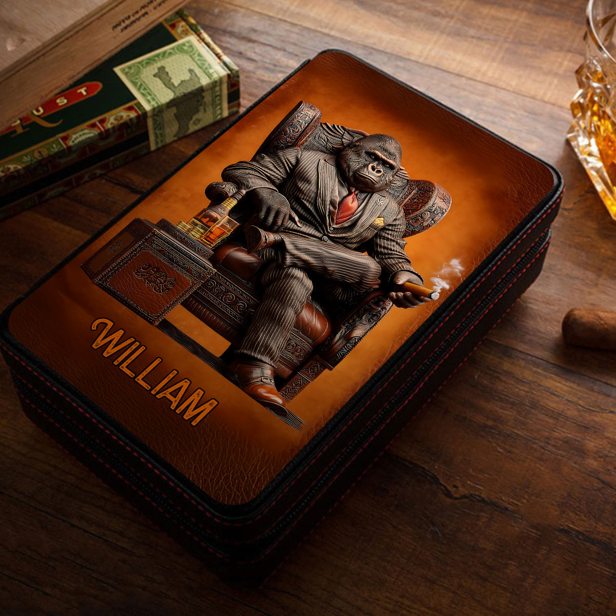 Whiskey & Cigar Gorilla - Étui à cigares de voyage personnalisé pour whisky et cigares