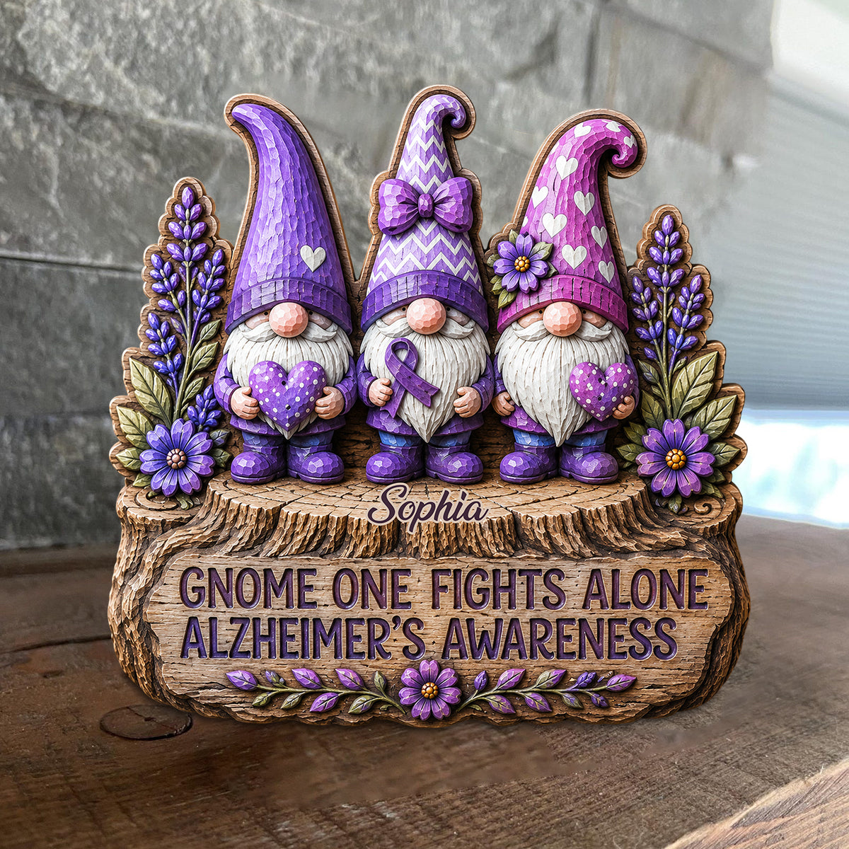 Gnome One Fights Alone - Personalized Alzheimer Awareness Custom Shaped Wood Plaque