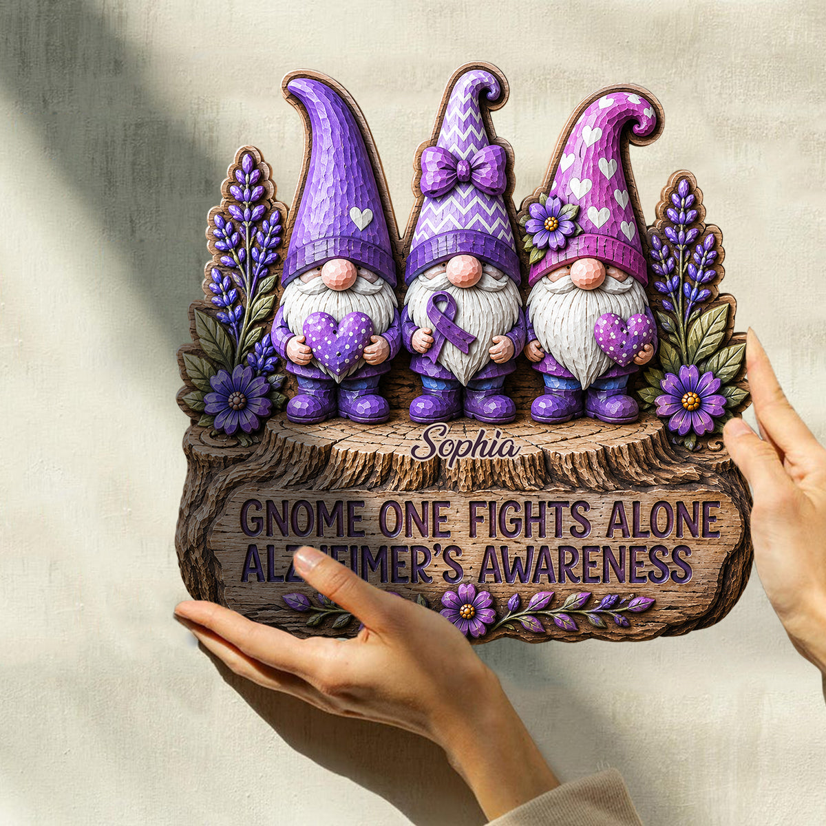 Gnome One Fights Alone - Personalized Alzheimer Awareness Custom Shaped Wood Plaque
