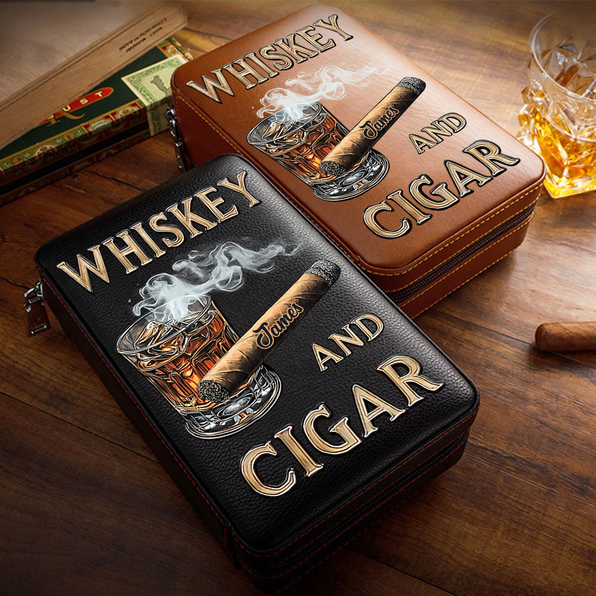 Whisky et cigares - Étui à cigares de voyage personnalisé