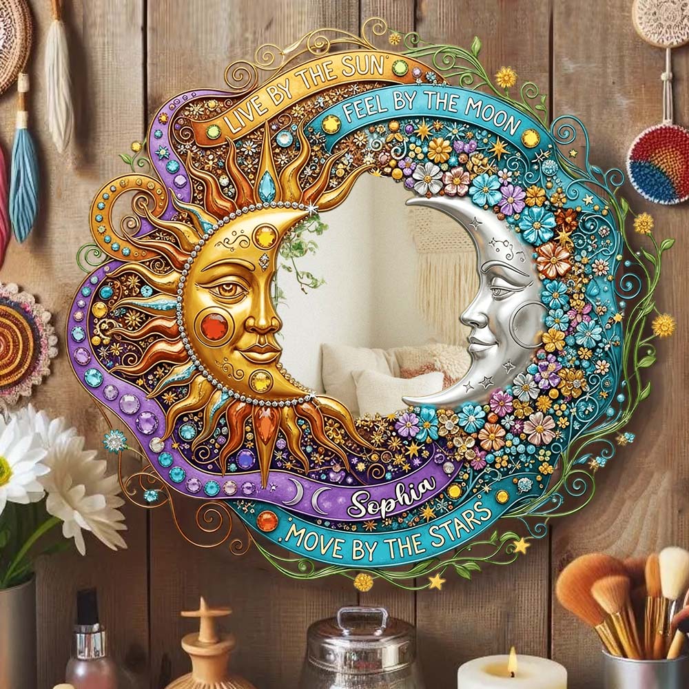 Vivre au rythme du soleil, ressentir au rythme de la lune - Miroir mural hippie personnalisé
