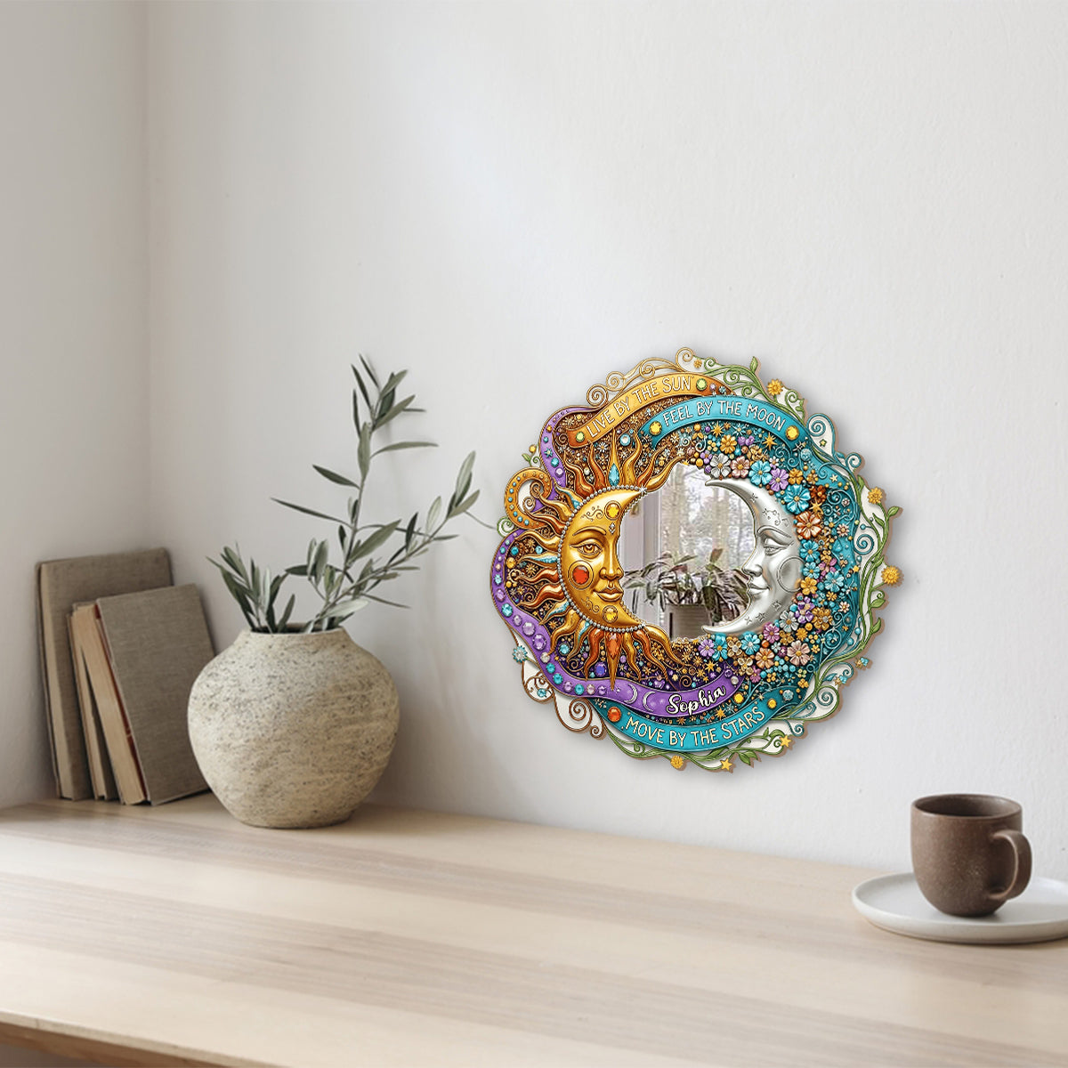 Vivre au rythme du soleil, ressentir au rythme de la lune - Miroir mural hippie personnalisé