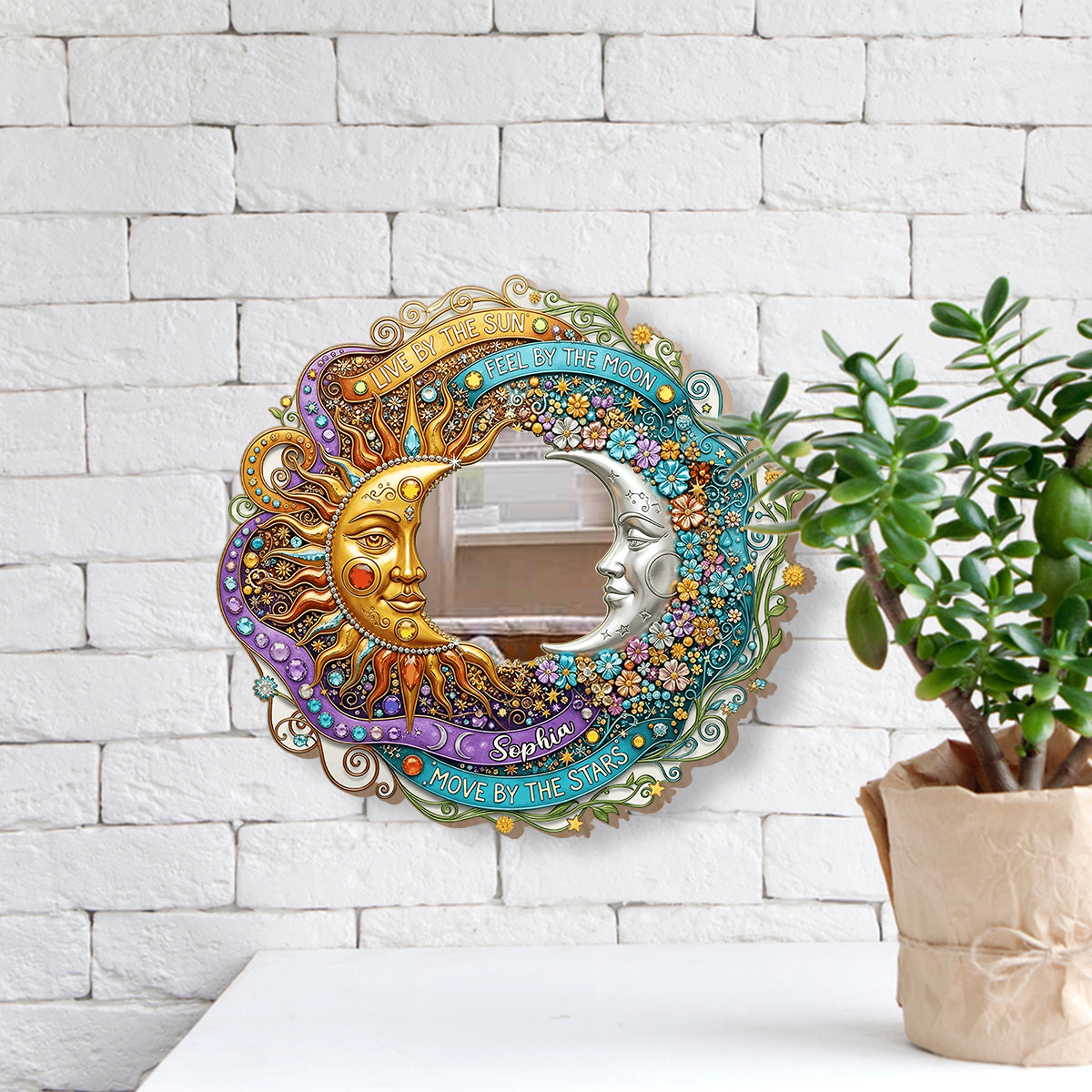 Vivre au rythme du soleil, ressentir au rythme de la lune - Miroir mural hippie personnalisé