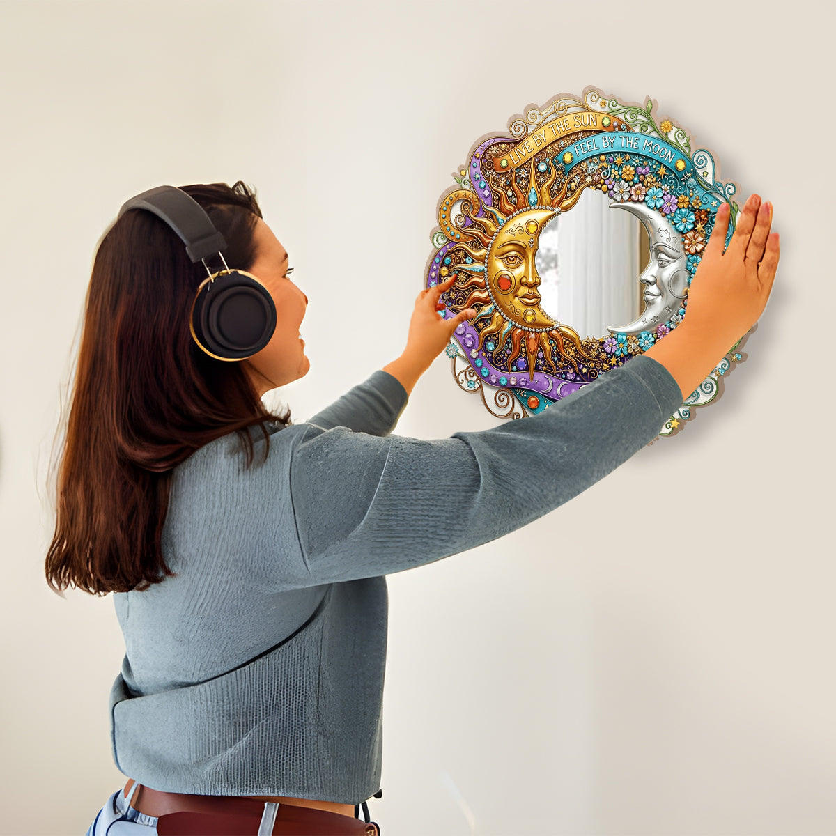 Vivre au rythme du soleil, ressentir au rythme de la lune - Miroir mural hippie personnalisé