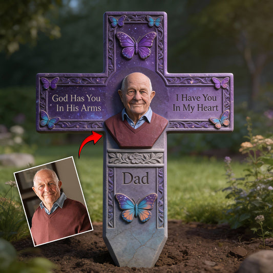 Toute photo : Dieu te tient dans ses bras, je te garde dans mon cœur - Plaque commémorative personnalisée en acrylique pour jardin/jardin