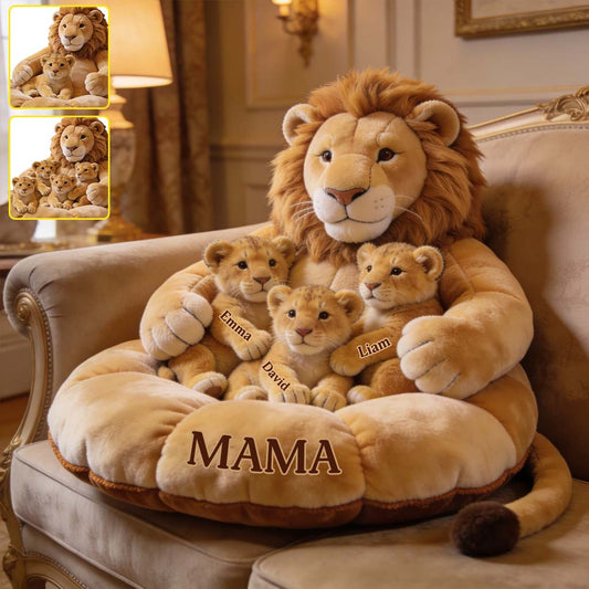 Thème Famille Lion Fête des Mères - Coussin Personnalisé en Fourrure Synthétique Premium
