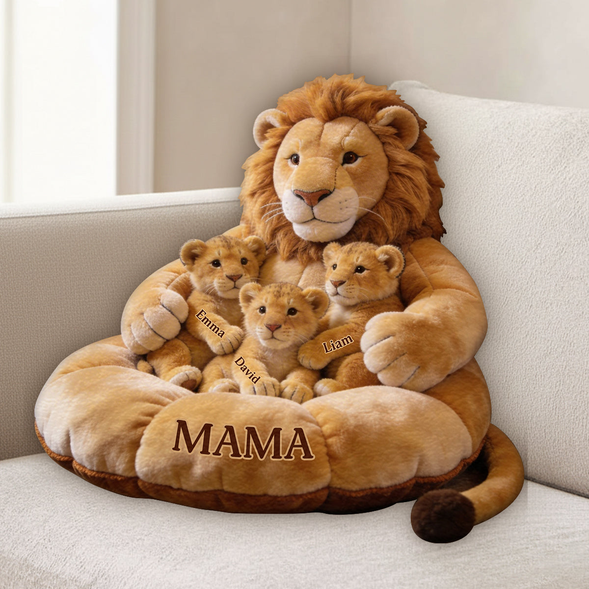 Thème Famille Lion Fête des Mères - Coussin Personnalisé en Fourrure Synthétique Premium