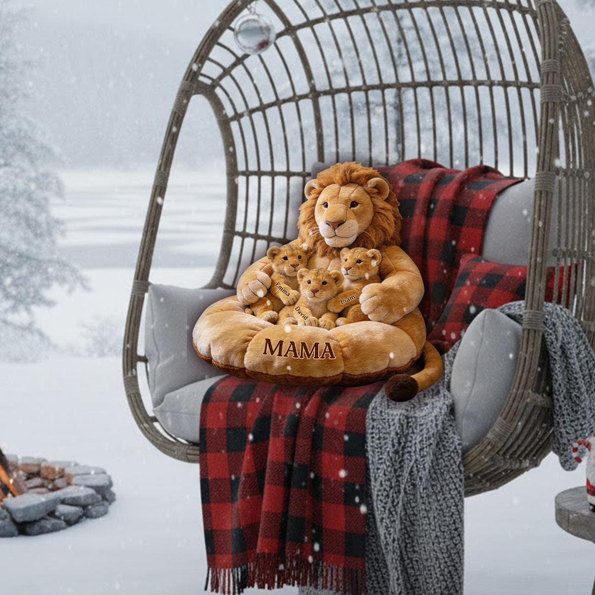 Thème Famille Lion Fête des Mères - Coussin Personnalisé en Fourrure Synthétique Premium