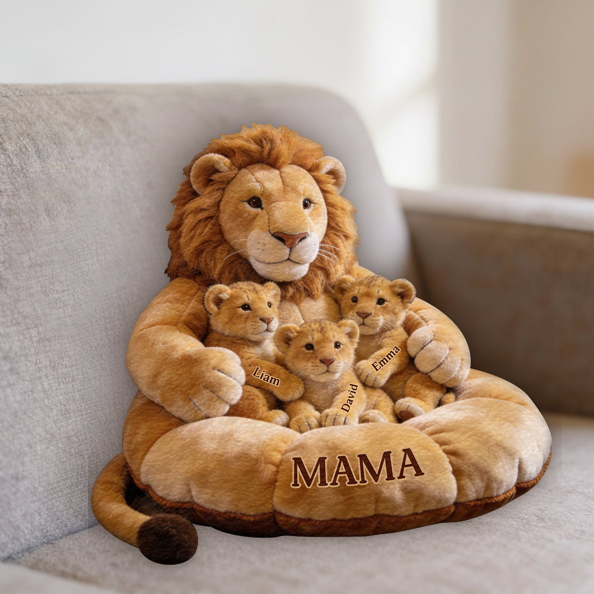 Thème Famille Lion Fête des Mères - Coussin Personnalisé en Fourrure Synthétique Premium