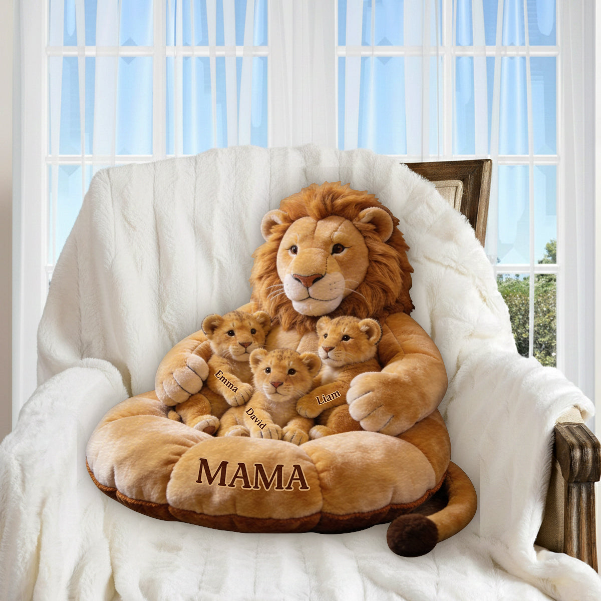 Thème Famille Lion Fête des Mères - Coussin Personnalisé en Fourrure Synthétique Premium