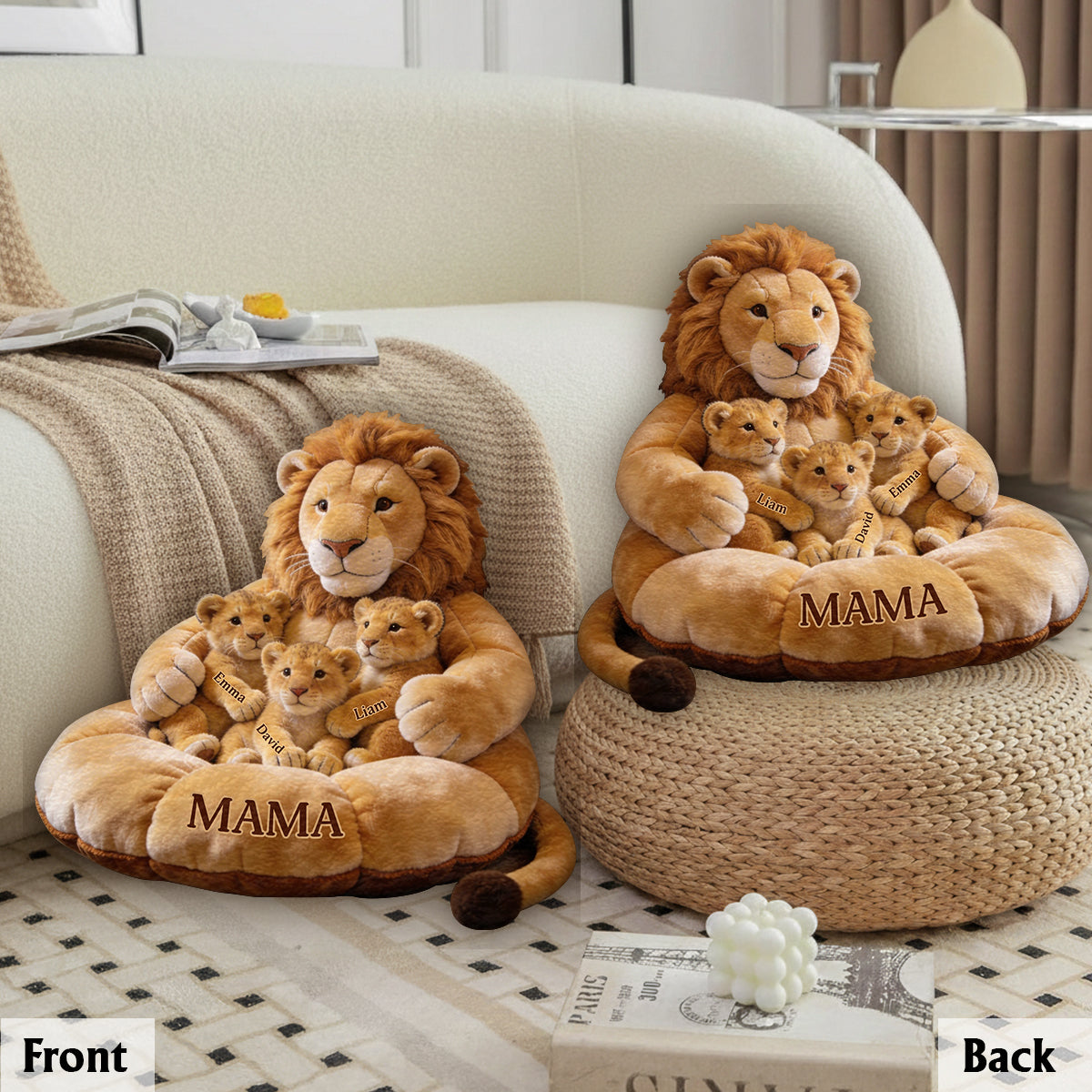 Thème Famille Lion Fête des Mères - Coussin Personnalisé en Fourrure Synthétique Premium