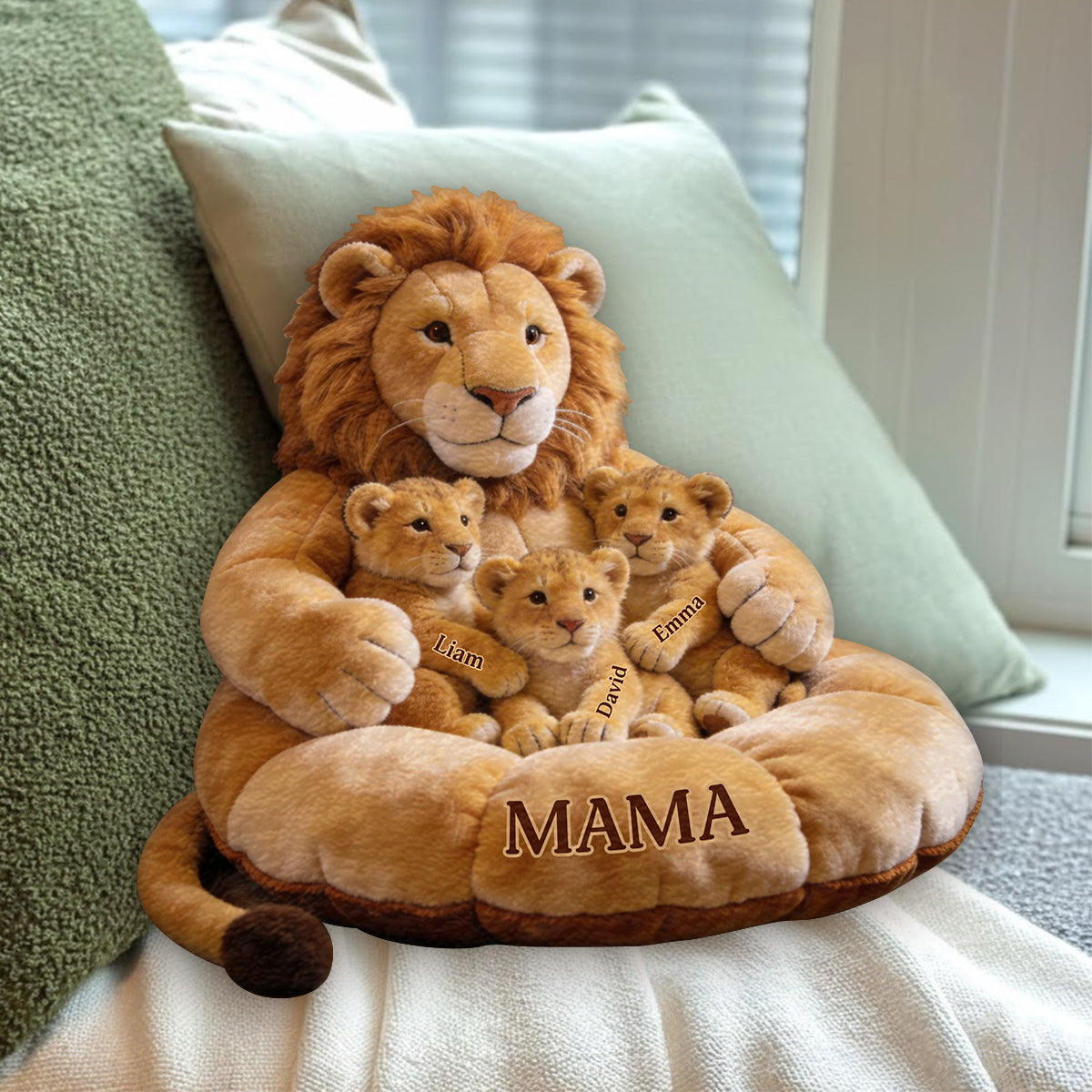 Thème Famille Lion Fête des Mères - Coussin Personnalisé en Fourrure Synthétique Premium