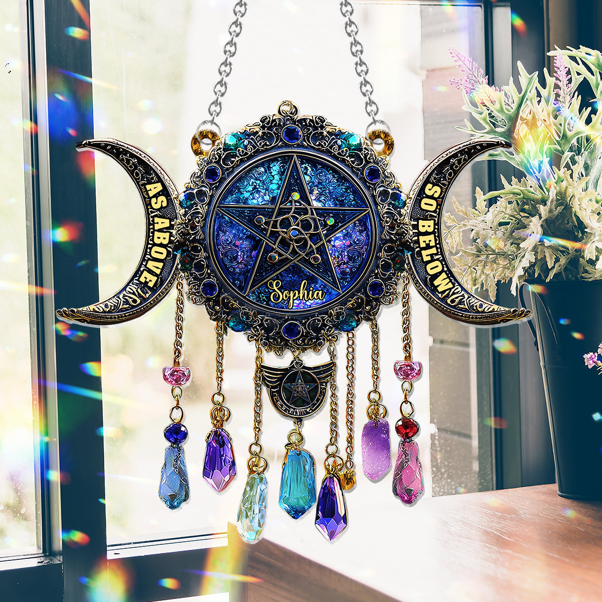 Triple Moon - Personalized Witch Window Hanging Suncatcher Ornament