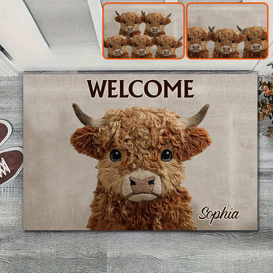 Bienvenue chez moi ! Paillasson personnalisé avec une adorable vache des Highlands