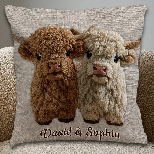 Coussin décoratif personnalisé « You & Me » représentant une vache des Highlands