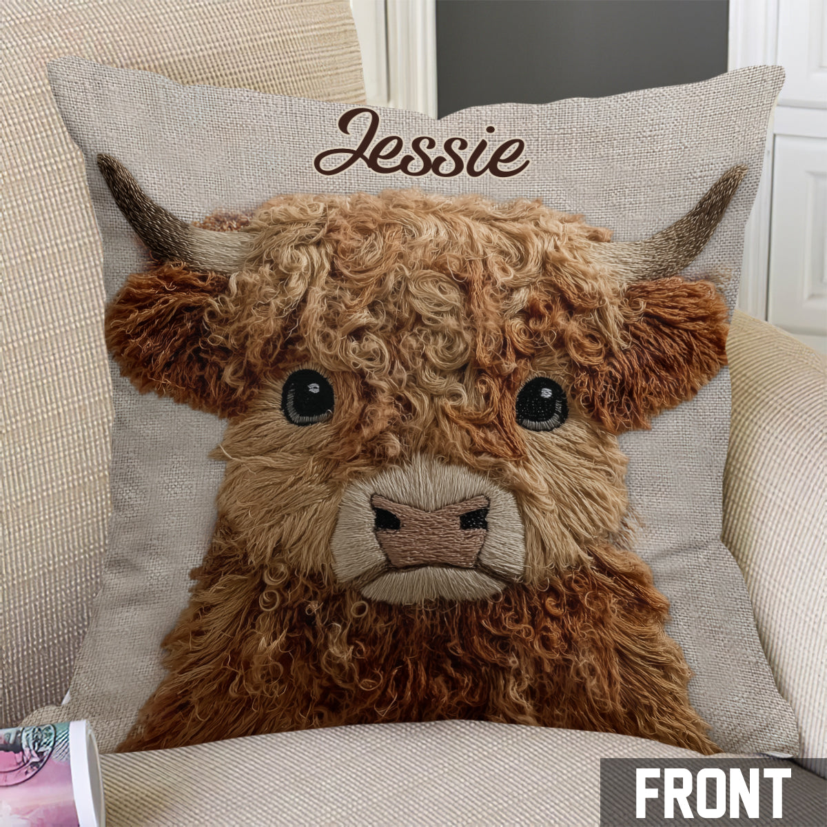 Coussin décoratif personnalisé « Vache des Highlands mignonne »