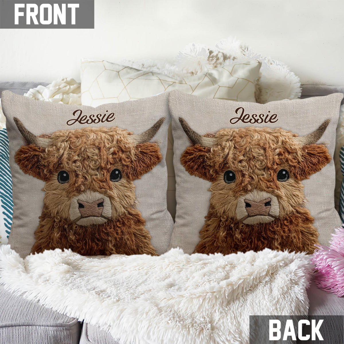 Coussin décoratif personnalisé « Vache des Highlands mignonne »