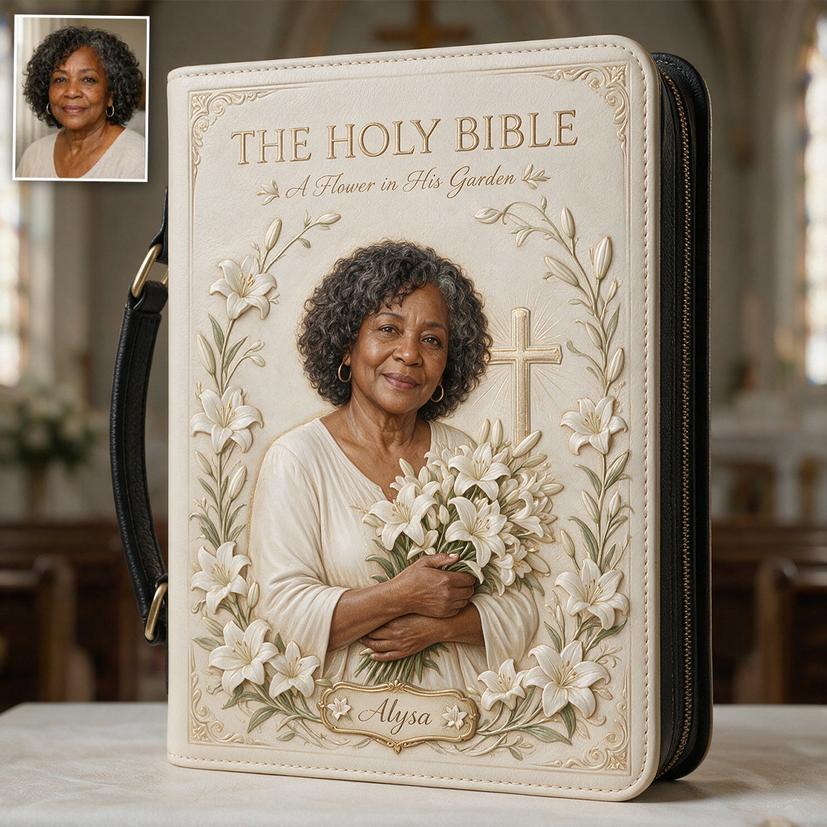 In His Garden, I Bloom - Personalized Christian Leather Bible Cover Bag