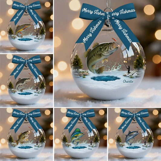 Merry Fishmas - Personalized Fishing Snow Globe Ornament With Bow