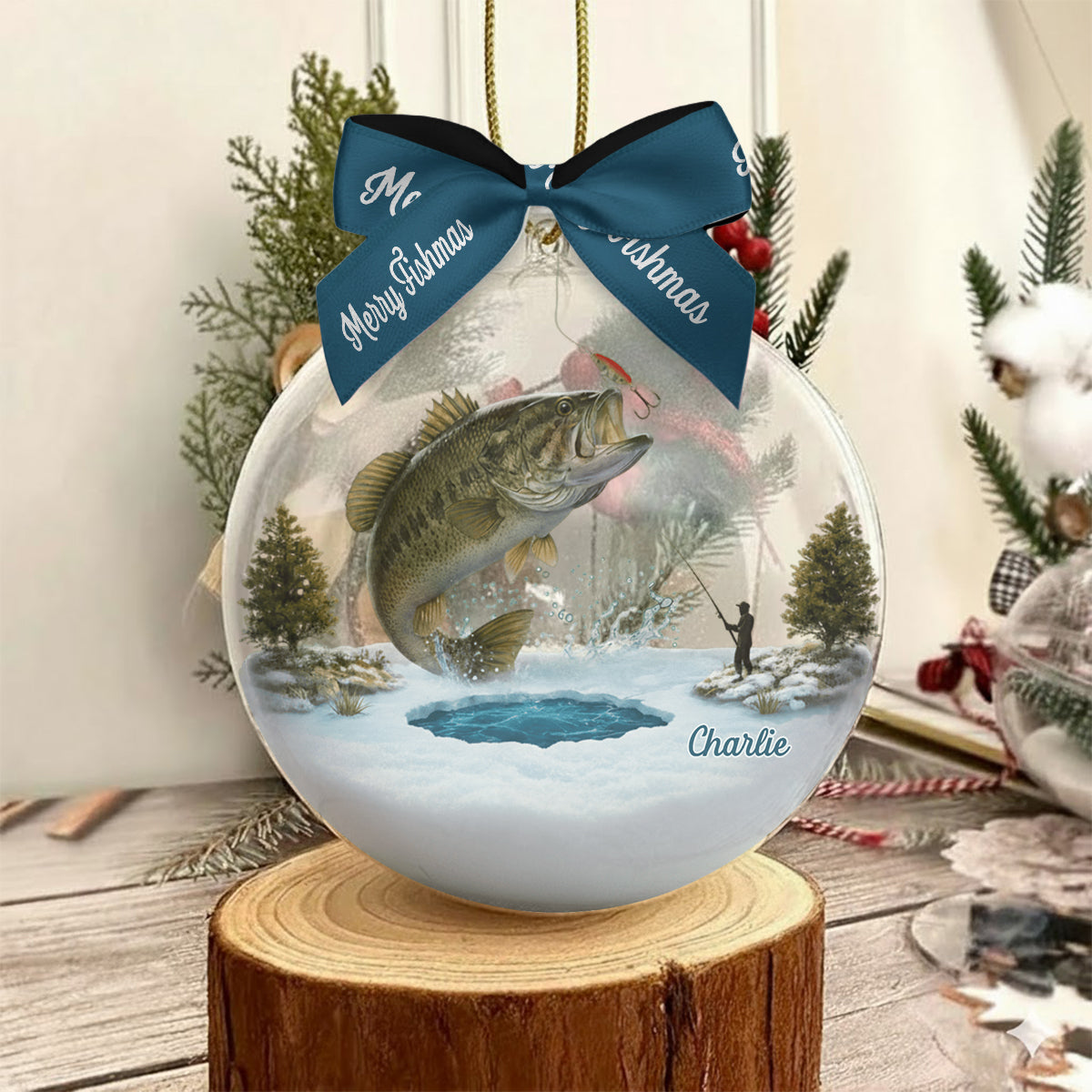 Joyeux Noël des Poissons - Boule à neige personnalisée sur le thème de la pêche avec nœud