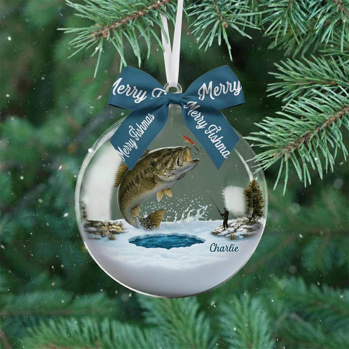 Joyeux Noël des Poissons - Boule à neige personnalisée sur le thème de la pêche avec nœud