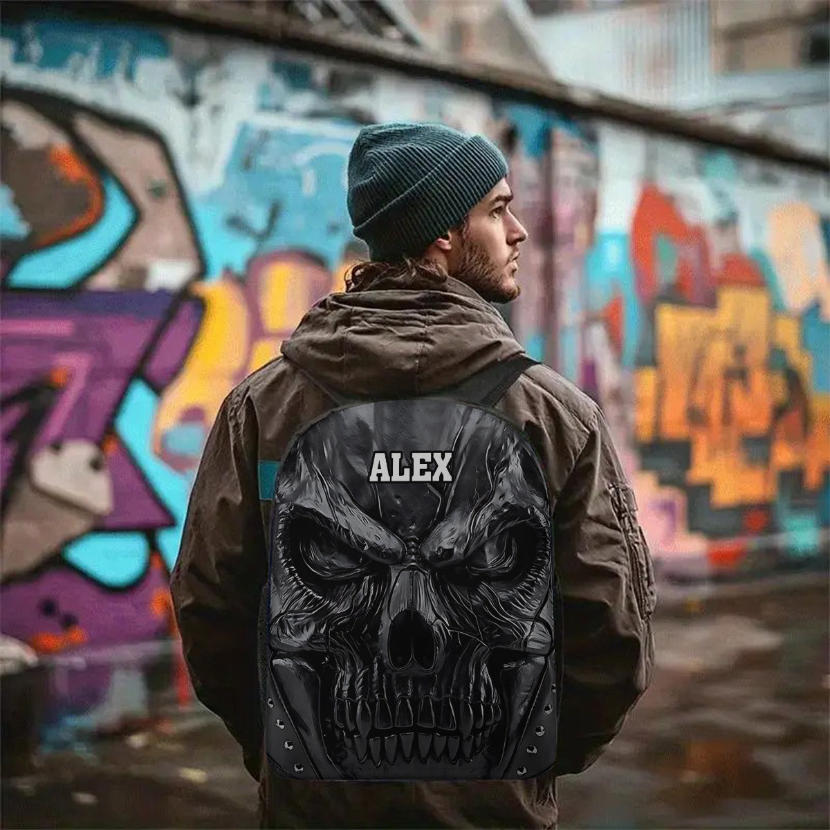 Sac à dos multifonctionnel personnalisé avec tête de mort noire tendance - Sac à dos multifonctionnel à tête de mort personnalisée
